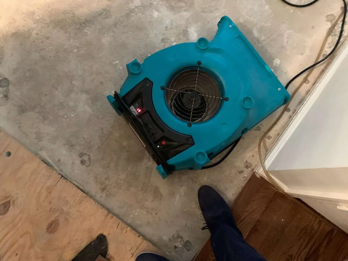 Air mover drying subfloor during Commercial Water Damage Restoration in Brooksville